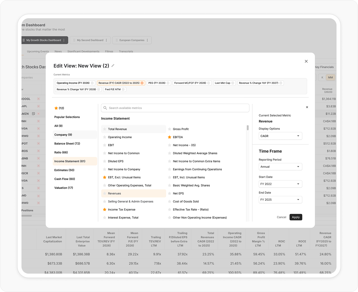 Custom Dashboard metric picker