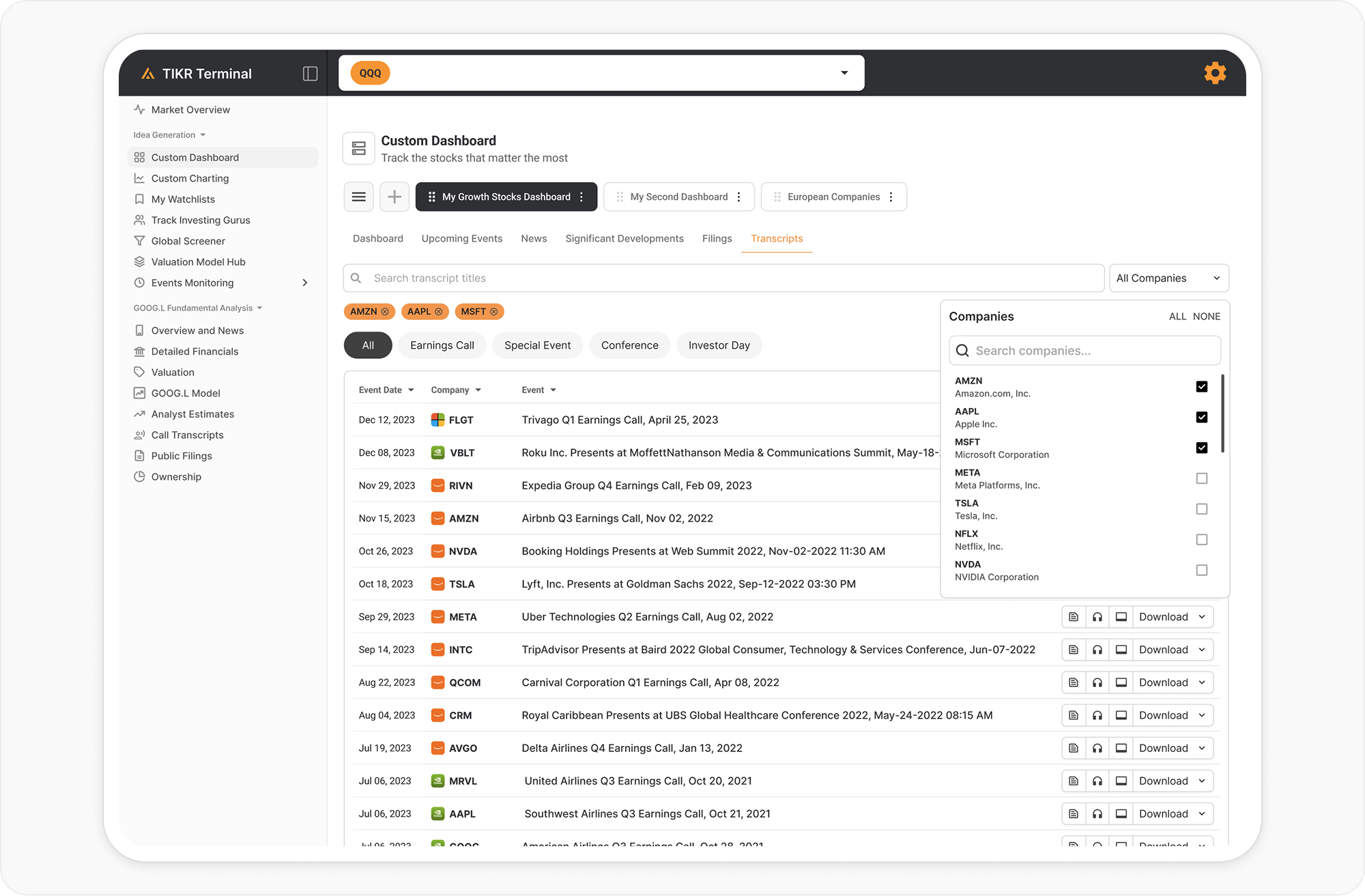 Custom Dashboard transcripts view with company filter