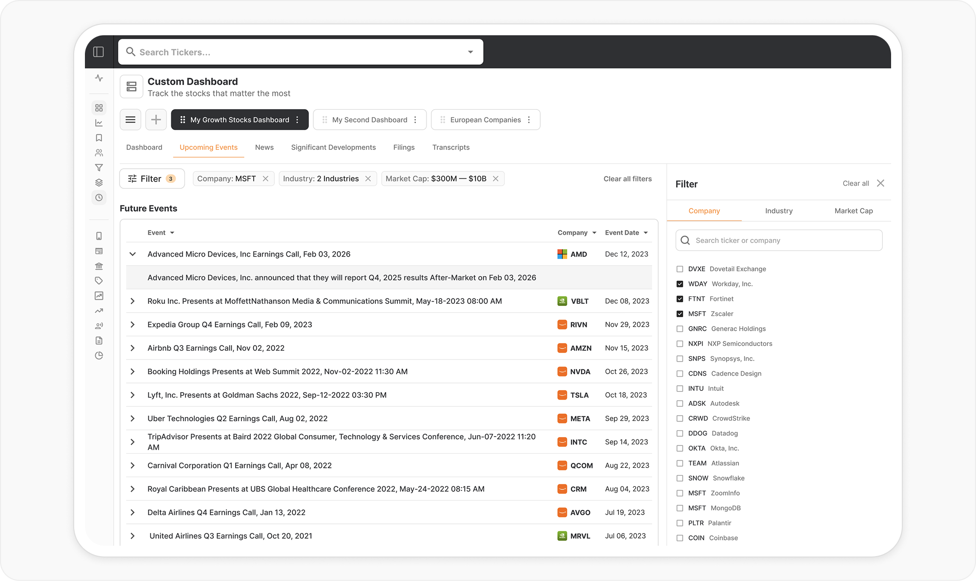 Custom Dashboard upcoming events with filters