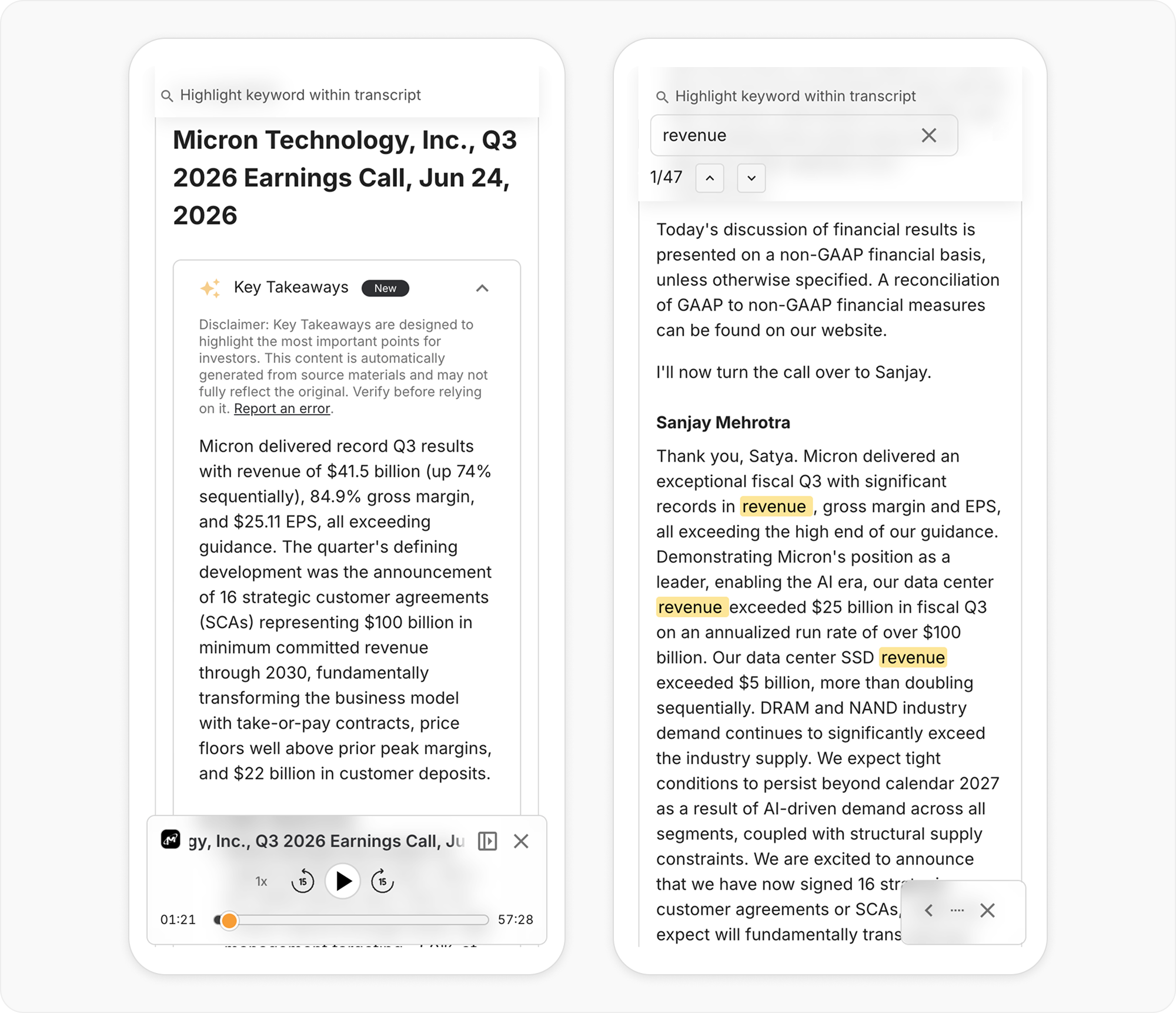 Transcript reader with audio player and keyword search