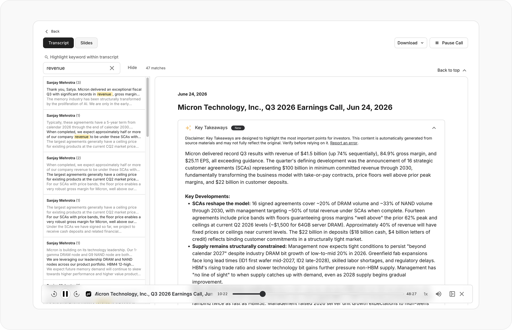 Full transcript view with AI Key Takeaways and keyword search