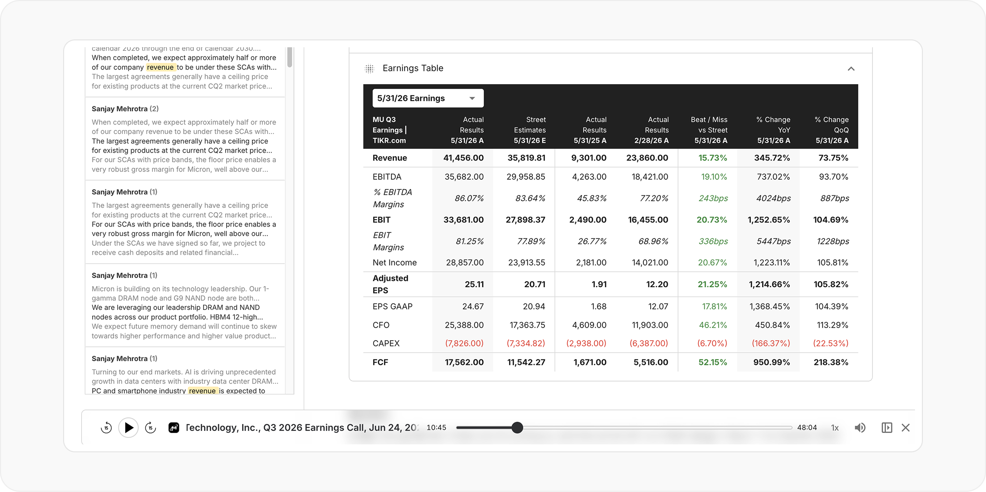 Earnings table embedded in the transcript doc