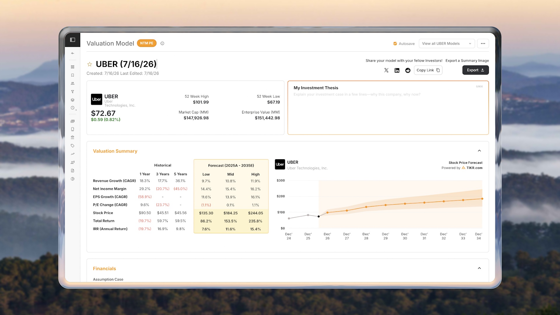 Valuation Model builder — UBER model overview