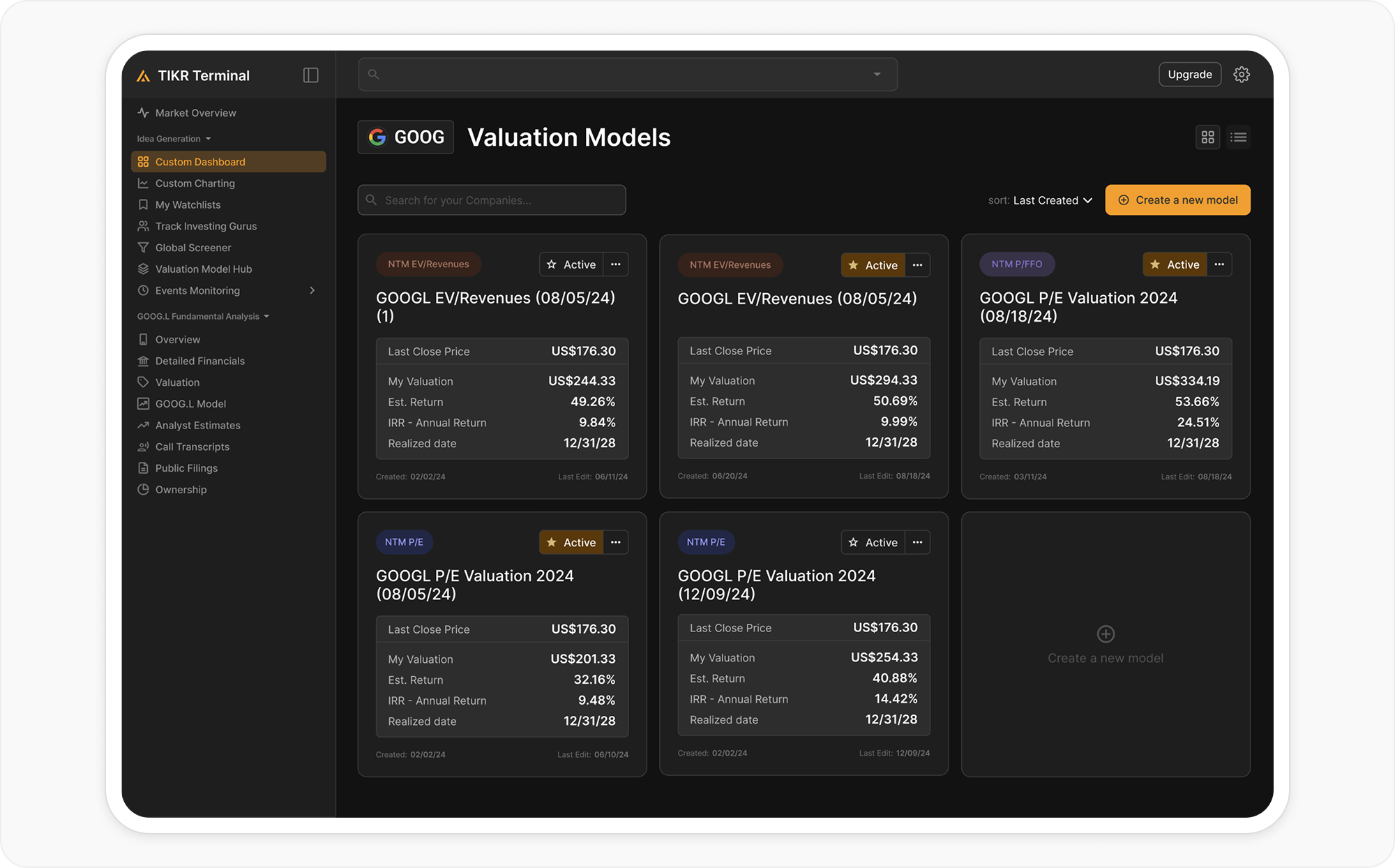 TIKR valuation models hub — all GOOG models