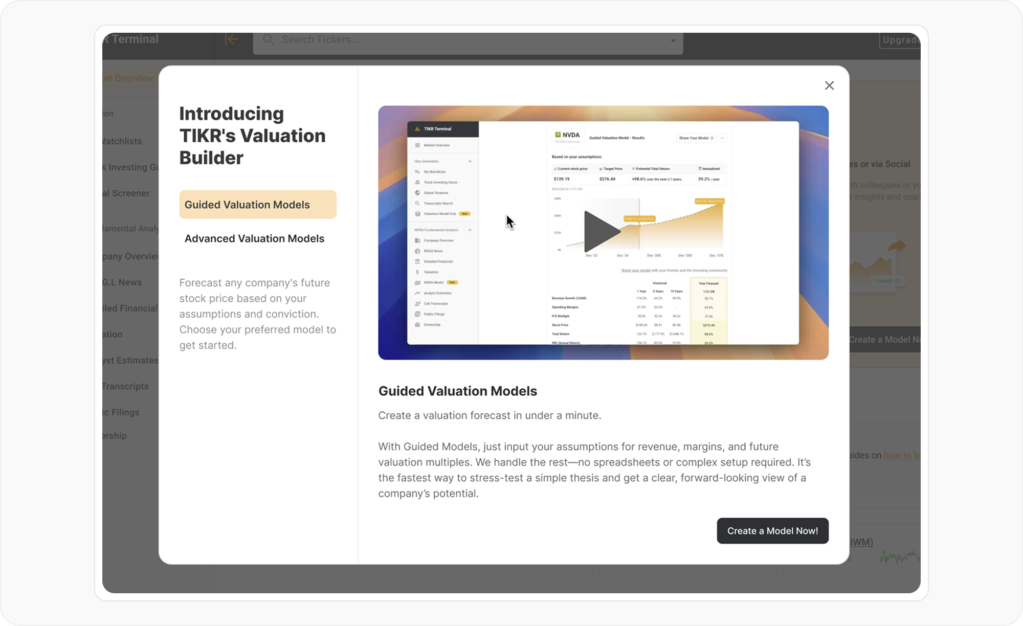 Introducing TIKR's Valuation Builder — launch announcement modal